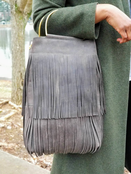 Grey Leather Fringe Tote - Zai & Ami Designs