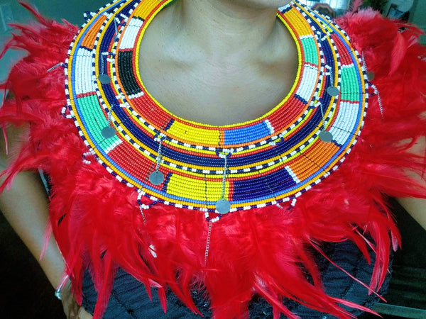 Statement Bead & Feather Ethnic Maasai Necklace - Zai & Ami Designs