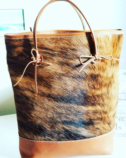 Caramel Leather Tote With Cowhide - Zai & Ami Designs