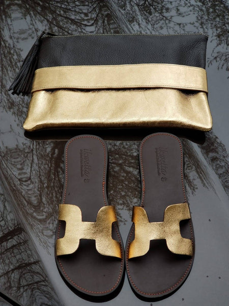 H Cut Gold Slide Leather Sandal - Zai & Ami Designs