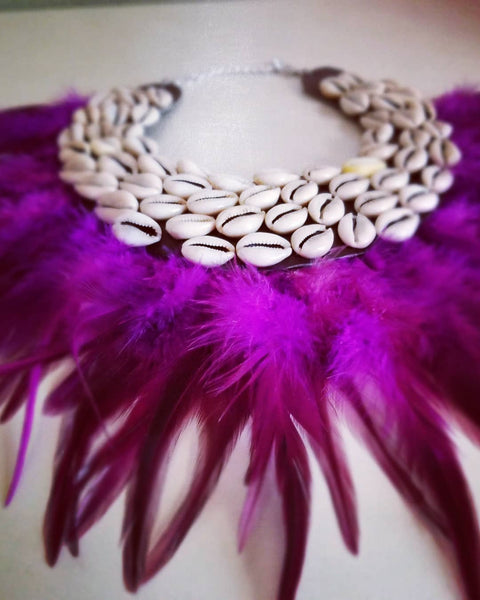 Purple Feathers Cowrie Shells Necklace - Zai & Ami Designs